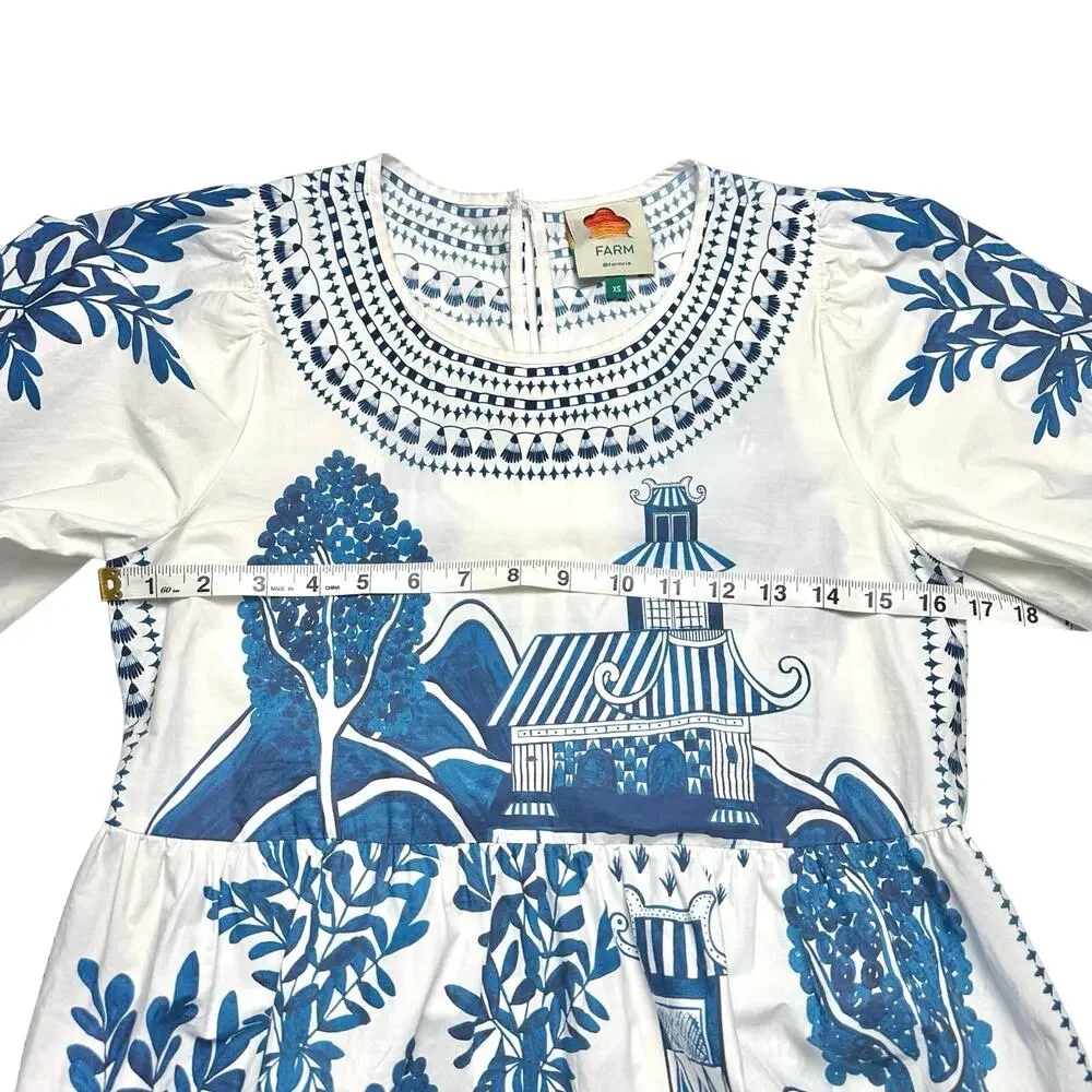 FARM Rio | Women | Ancient Garden Blue White Cotton Poplin Midi Dress | Size XS